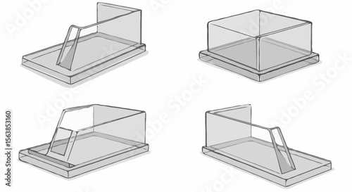 A set of 3D wireframe drawings in transparent gray showing different shapes of empty plastic displays