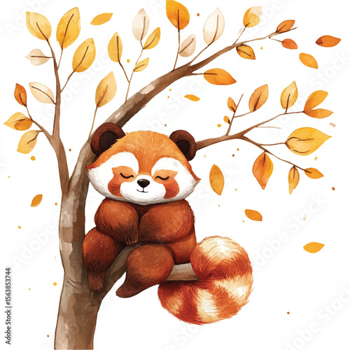 Watercolor Red Panda Napping Comfortably on Autumnal Tree Branch