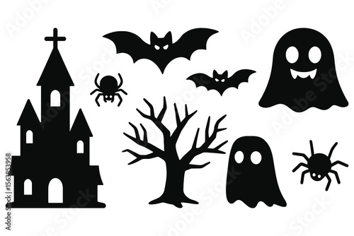 Collection of halloween silhouettes including castle bats ghosts and spiders isolated on white background