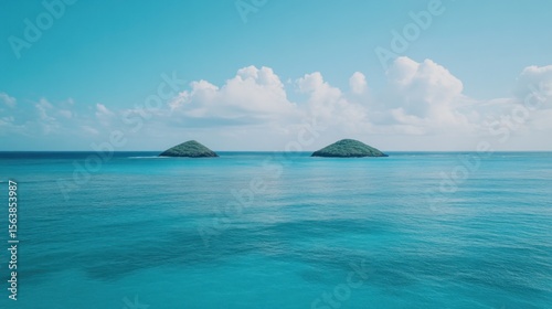 Two small islands rise above a vast expanse of turquoise water.