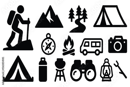 Collection of camping and outdoor adventure icons isolated on white background