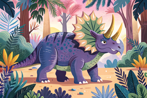 Triceratops Herd Grazing in a Lush Prehistoric Jungle