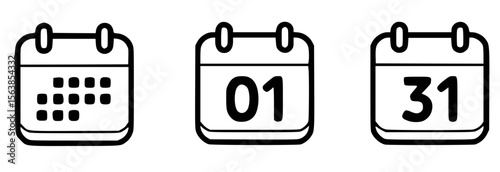 Black calendar icons showing dates and grid vector