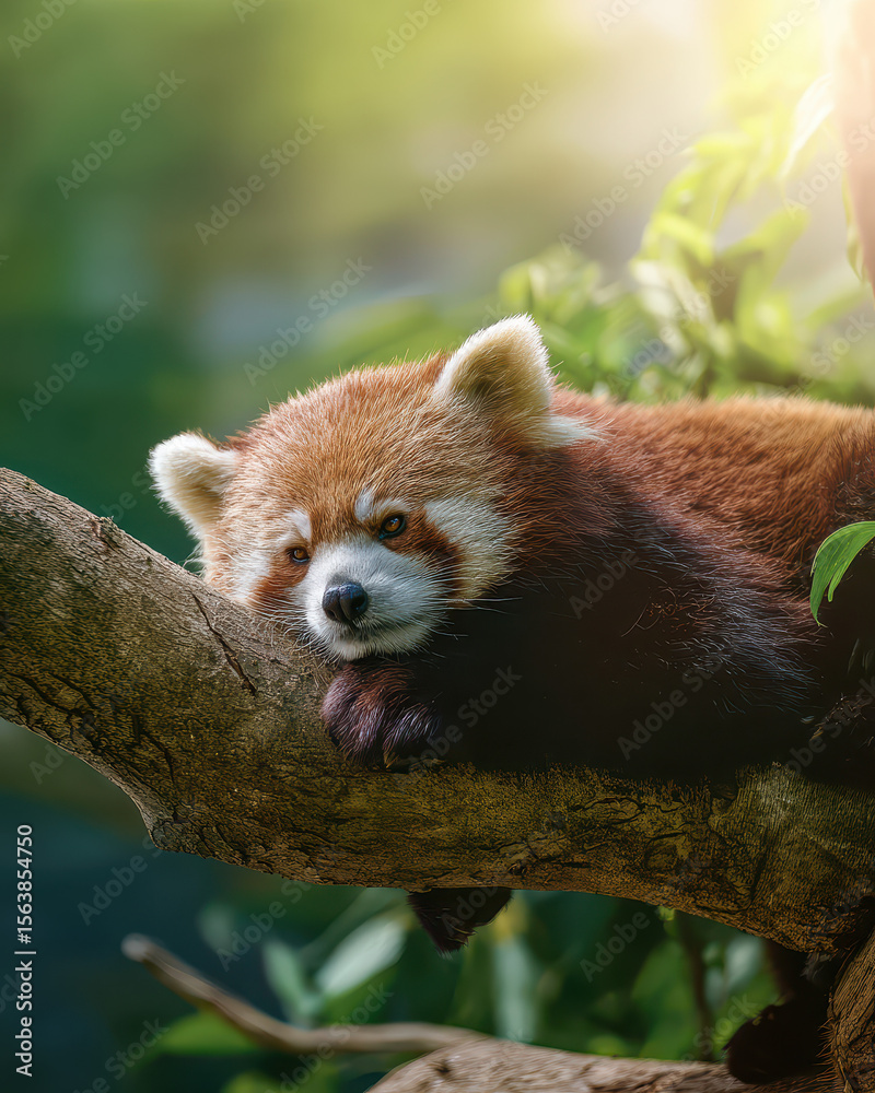 Fototapeta premium Red Panda Relaxing on Lush Tree Branch