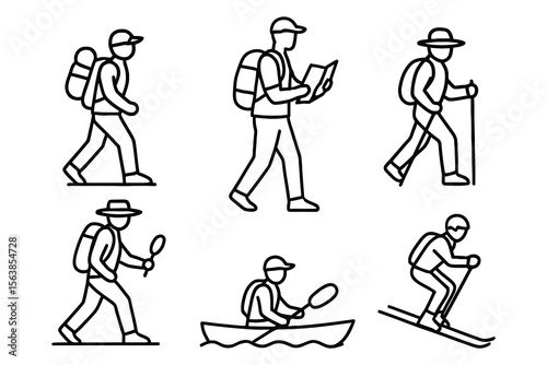 Collection of hikers kayaker and skier icons isolated on white background