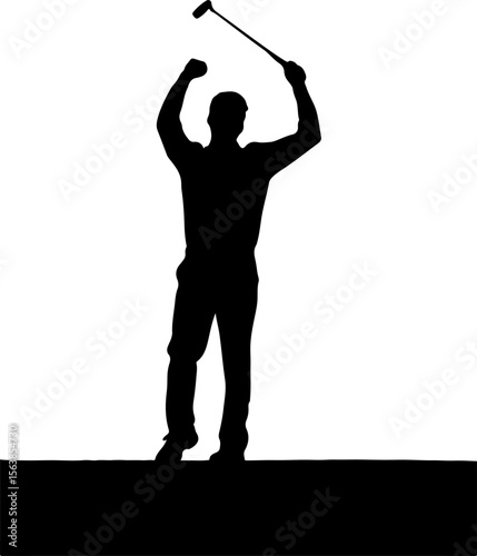 Golfer celebrating victory with raised arms and club
