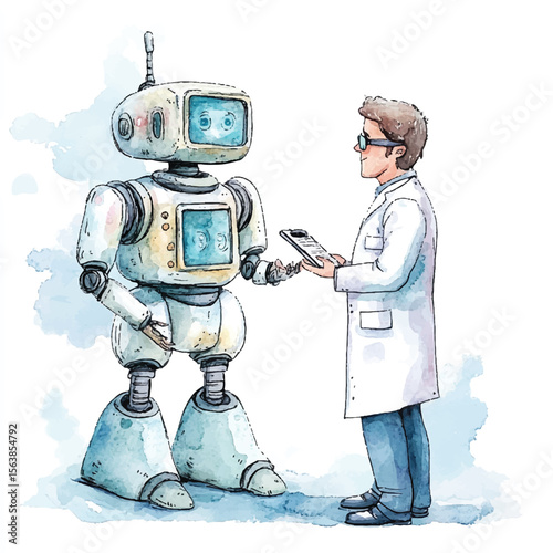 Watercolor Robot and Scientist Shaking Hands Holding Clipboard Future Collaboration