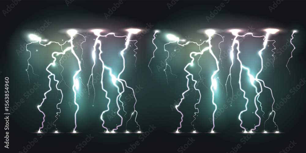 double supercell thunder lightning strikes over sky in night. eps 10