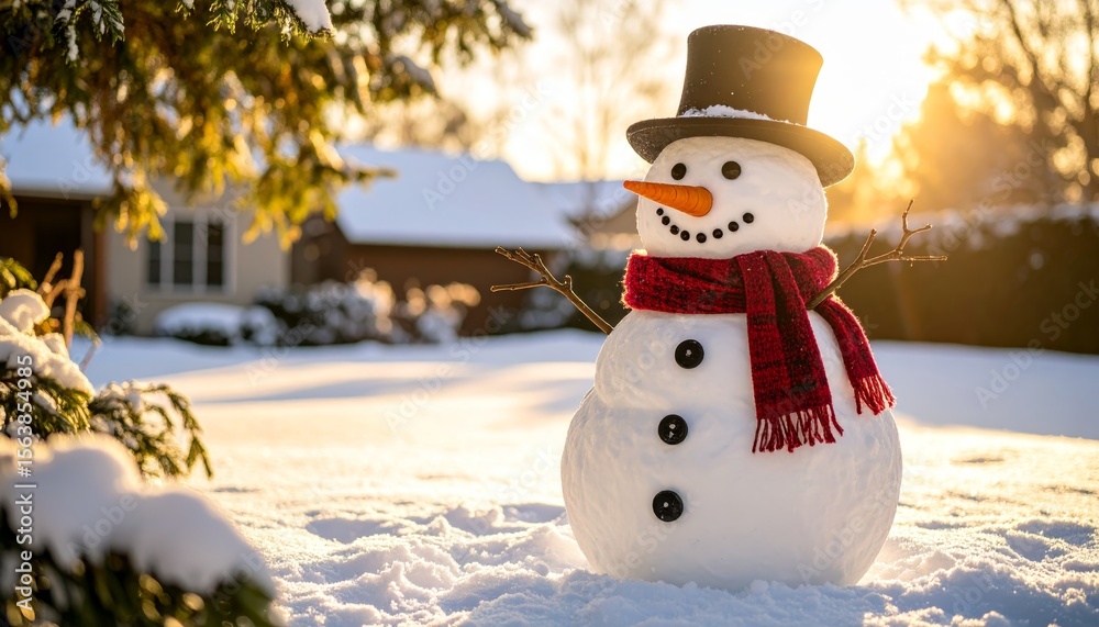 Obraz premium Charming Snowman in Snowy Landscape with Hat and Scarf