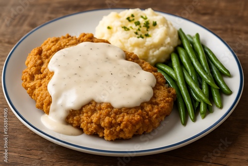 Crispy chicken fried steak with creamy gravy mashed potatoes and green beans