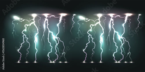 double supercell thunder lightning strikes over sky in night. eps 10