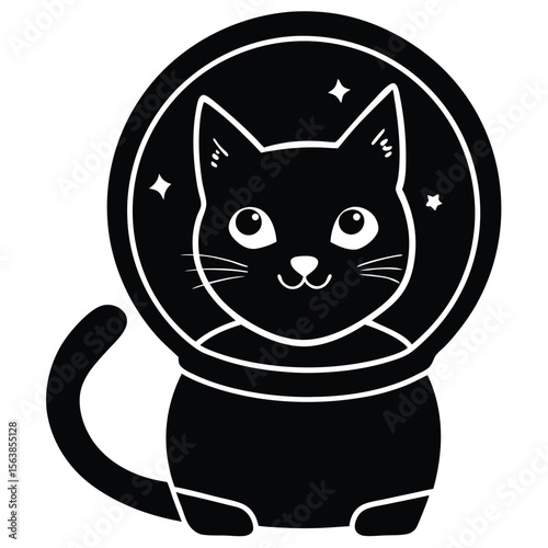 Whimsical Black Cat Astronaut Illustration A Cute Feline Adventure into Space with Stars and a Rounded Helmet Design