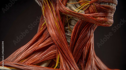 Close inspection reveals the sternocleidomastoid and adjacent neck muscles, highlighting their anatomy and detailed tissue layers essential for understanding human biology and muscular functions