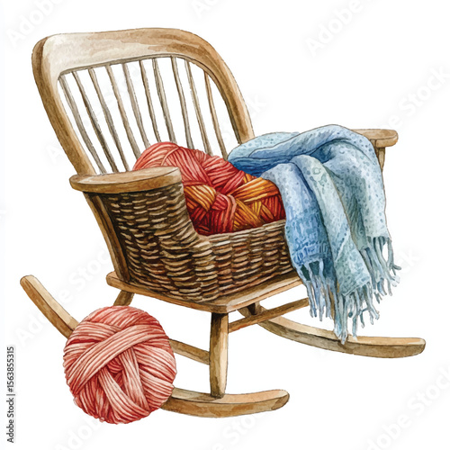 Watercolor Rocking Chair Filled with Yarn and a Cozy Blanket