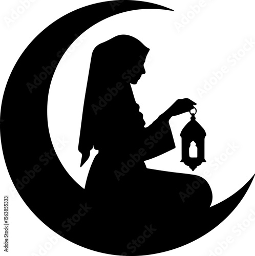 Woman holding lantern on crescent moon silhouette