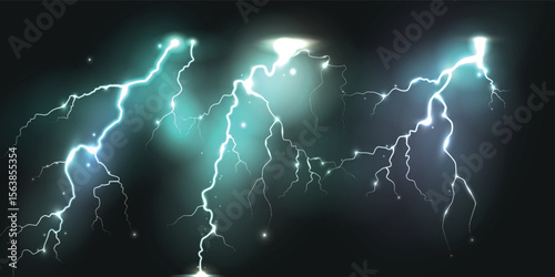 Lightning bolts isolated on black, Thunder electric strike. Thunderstorm and lightning