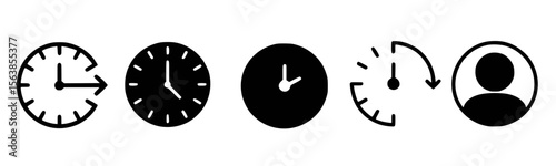 Black clock icons with time progression and user symbol vector