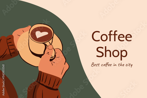Close-up of hands holding a cup of coffee. Hand-drawn vector illustration. Banner for a coffee shop or cafe. Copy space.