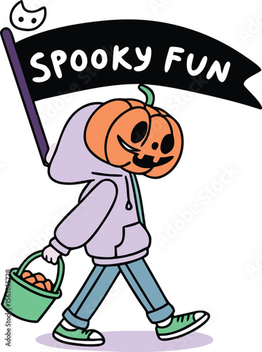 Whimsical Halloween Illustration Pumpkin Head Character with Spooky Fun Banner