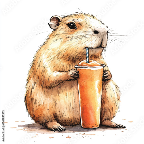 Watercolor Rodent Enjoying Orange Smoothie with Striped Straw Delightful Illustration