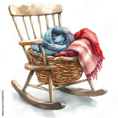 Watercolor Rocking Chair with Yarn and Plaid Blanket