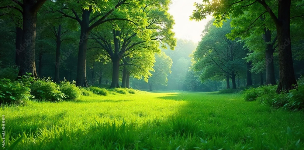 Fototapeta premium Verdant Forest Landscape Sunlight Dappled Grassland with Tall Trees and Lush Vegetation