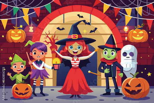 Group of Children in Halloween Costumes with Pumpkins and Decorations