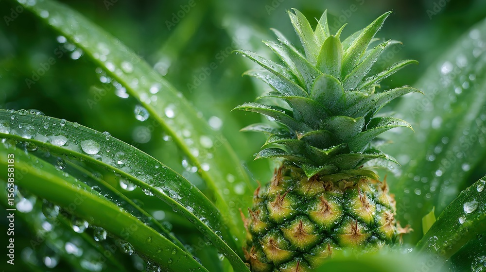Fototapeta premium Lush Green Pineapple Plant with Dew Drops A Vibrant Tropical Fruit Growing in Nature