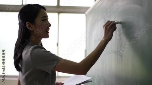 Woman writing on a chalkboard in a classroom setting with natural light from the window behind her