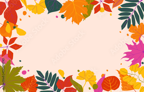 Autumn leaf frame with empty center on beige background. Colorful fall foliage border in flat vector style. Perfect for seasonal greeting cards, invitations and banners
