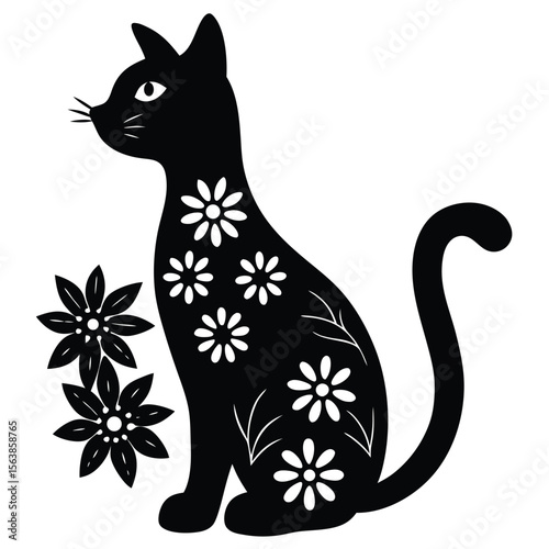 Elegant Black Cat Silhouette with Floral Designs A Whimsical and Decorative Feline Illustration Full of Charm and Grace