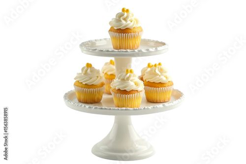 Fluffy iced cakes on dessert tower