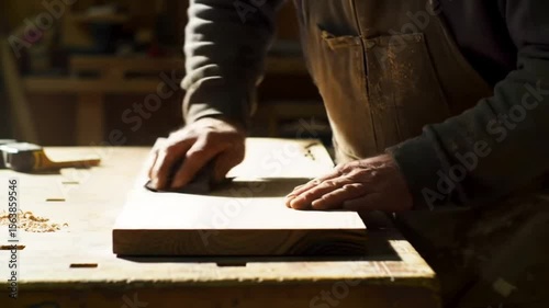 A person sanding a piece of wood on a workbench with tools and wood shavings in a workshop setting