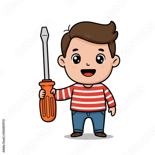 Boy with screwdriver holding tool. Ideal for DIY guides, home improvement tutorials, and children's craft activities.