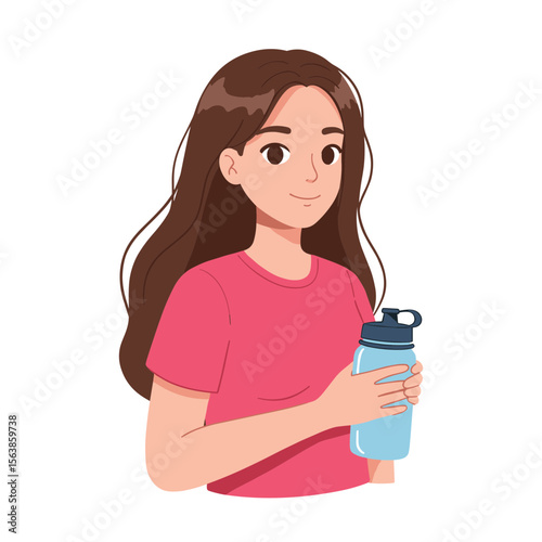 Woman with water bottle holding hydration container. Perfect for fitness content, hydration reminders, and wellness campaigns.