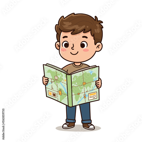 Boy with road atlas reading map. Perfect for travel blogs, educational resources, and adventure planning.