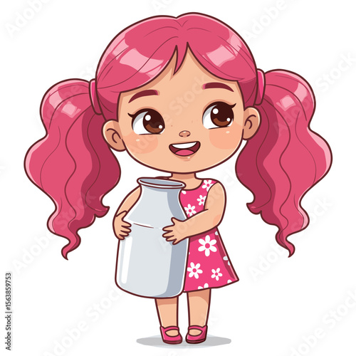 Girl with milk jug holding beverage container. Ideal for nutrition content, breakfast ideas, and healthy eating campaigns.