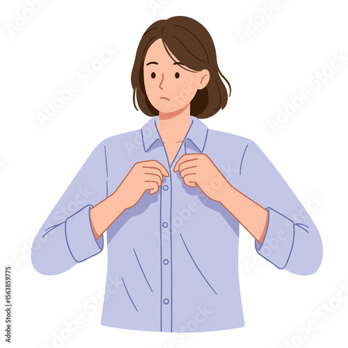 Woman buttoning shirt dressing up. Ideal for professional attire guides, morning routine content, and workwear fashion blogs.