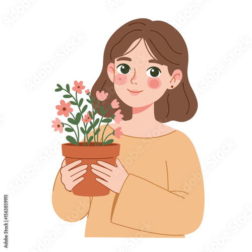 Woman with potted plant holding flowering pot. Ideal for gardening blogs, plant care guides, and home decoration content.