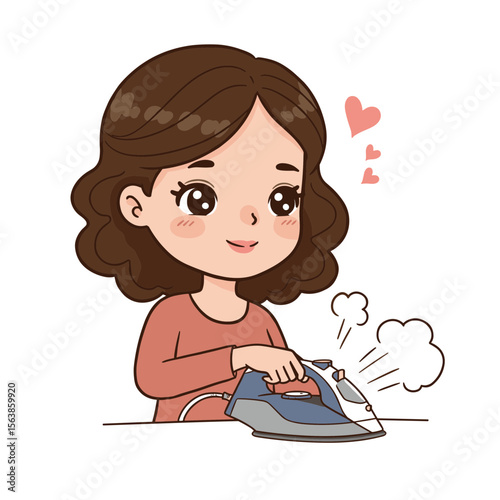 Woman with steam iron pressing clothes. Perfect for household chores tutorials, laundry care tips, and domestic skill guides.