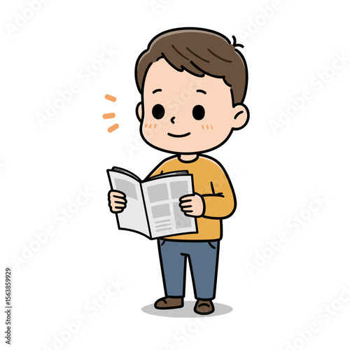 Boy with magazine reading publication thoughtfully. Ideal for educational content, reading campaigns, and literary resources.