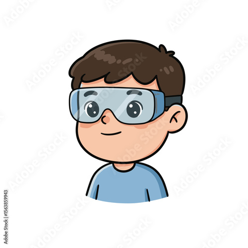 Boy with goggles in blue shirt. Perfect for science education content or safety instructions for children.