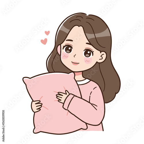 Girl with pink pillow and hearts. Perfect for sleepover themes, bedtime routines, or comfort and relaxation concepts.