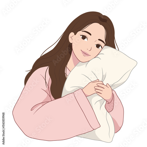 Woman with white pillow in pink sleepwear. Ideal for sleep hygiene articles, bedding advertisements, or relaxation products.