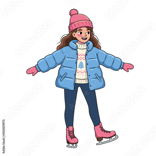 Girl ice skating in winter hat and puffer jacket. Great for winter sports activities, recreational content, or holiday season themes.