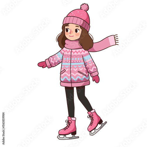 Girl ice skating in pink winter outfit. Ideal for winter sports activities, seasonal fashion, or physical education content.