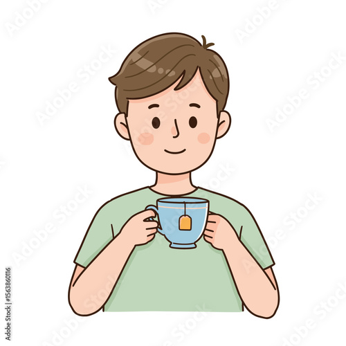 Man drinking tea from blue mug. Ideal for beverage breaks, relaxation moments, or morning routine illustrations.