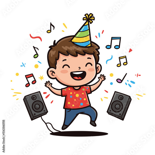 Boy with party music and hat celebrating. Perfect for birthday parties, children's entertainment, or festive celebration themes.