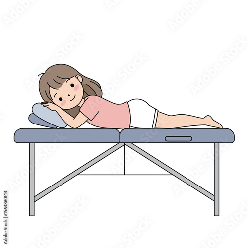 Girl relaxing on massage table. Ideal for spa services, wellness treatments, or therapeutic massage promotion.