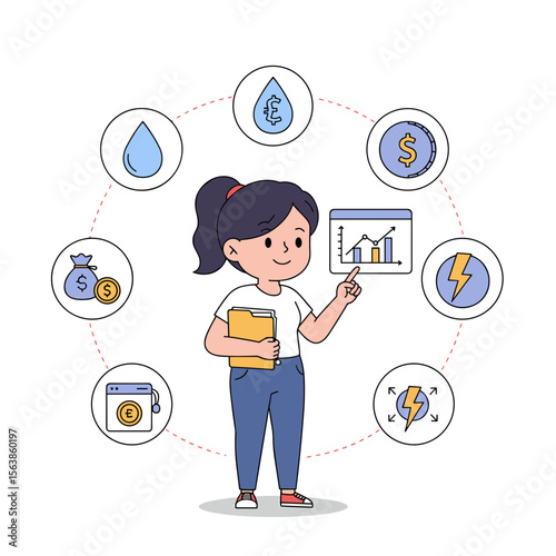 Girl managing resources with circular economy icons. Perfect for sustainability education or environmental business concepts.